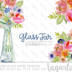 Flores en Frasco, en acuarela clipart PNG, diseño pintado a mano para proyectos, agendas, tarjetas, etiquetas, logotipos, lagartixa Shop