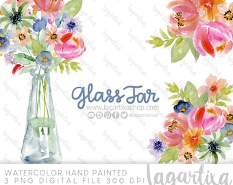 Glass Vase Flowers Watercolor Clipart PNG, Spring Art Design, LagartixaShop, Floral Digital Art, Instant Download for sublimation cards