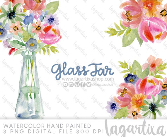 Flores en Frasco, en acuarela clipart PNG, diseño pintado a mano para proyectos, agendas, tarjetas, etiquetas, logotipos, lagartixa Shop