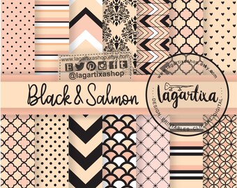 May include: Set of 14 digital scrapbook papers in black and salmon colors. The papers feature various geometric patterns, including polka dots, stripes, chevrons, and quatrefoils. The papers are 12 inches by 12 inches and 300 dpi.