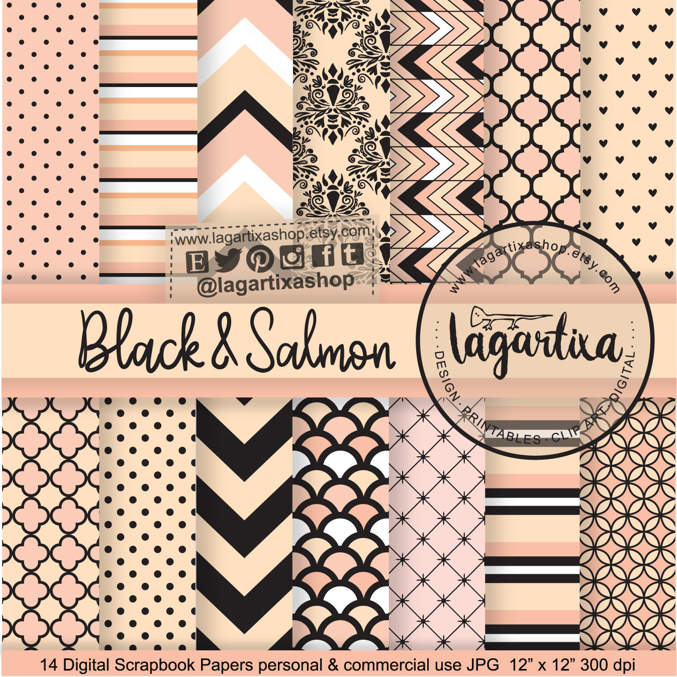 salmon cardmaking coral wedding Coral Mint and Gold Digital Paper: Coral Mint and Gold Patterns scrapbook paper scrapbooking peach