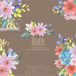 Puede incluir: Ilustraciones florales de acuarela en tonos rosas, azules y amarillos. Las ilustraciones est&aacute;n dispuestas en ramos y elementos individuales. El texto "Ruth" est&aacute; escrito en una fuente decorativa, junto con la frase "5 arreglos, y 15 elementos individuales". El texto "lagartixa" est&aacute; escrito en una fuente decorativa, junto con la direcci&oacute;n del sitio web "www.lagartixashop.etsy.com" y el nombre de usuario de las redes sociales "@lagartixashop".