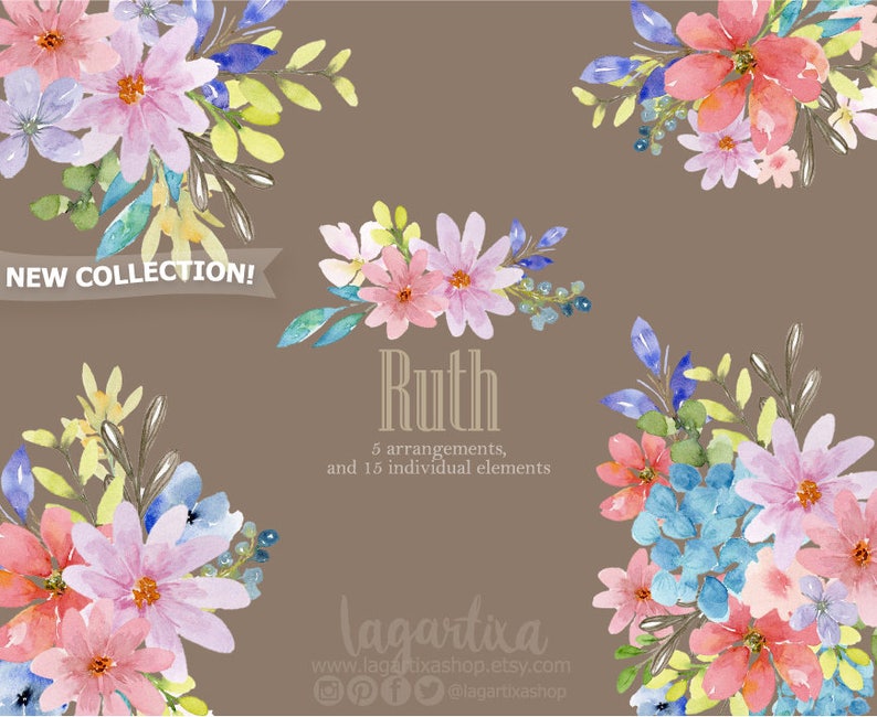 Puede incluir: Ilustraciones florales de acuarela en tonos rosas, azules y amarillos. Las ilustraciones est&aacute;n dispuestas en ramos y elementos individuales. El texto "Ruth" est&aacute; escrito en una fuente decorativa, junto con la frase "5 arreglos, y 15 elementos individuales". El texto "lagartixa" est&aacute; escrito en una fuente decorativa, junto con la direcci&oacute;n del sitio web "www.lagartixashop.etsy.com" y el nombre de usuario de las redes sociales "@lagartixashop".
