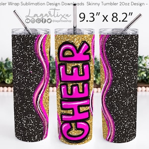 Cheer Black Hot Pink Gold large Glitter effect Sublimation Design / Digital File / Instant Download / For Tumbler, Mugs / Hand drawn