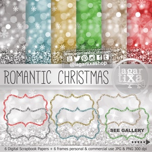 Sfondi natalizi Cornici glitter e bokeh Oro Oro Argento placcato Rosso Giallo Blu Verde Fiocchi di neve Etichette Inviti Posada