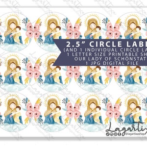 Virgen de Shoenstatt etiquetas circulares para Imprimir tamaño Carta 8.5 x 11 Acuarela de Virgen Flores para recuerditos bautizo comunion