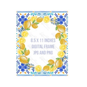 Limoni Gialli e Piastrelle Blu Foglie Blu | disegno ad acquerello arte digitale | Dipinto a mano | Download istantaneo | Lucertola | ghirlanda di limoni