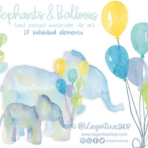Blue Elephant and Balloons Yellow Blue Green Baby Boy Watercolor clipart, PNG, Baby Shower Mom and Baby Nursery Decor Digital art Download