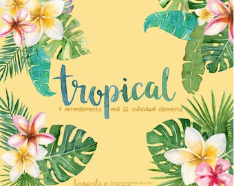 Tropical Leaves, Monstera, Palms, Plumeria, Hibiscus, Watercolor clipart, Floral PNG, hawaiian wedding, tropical, flowers, beach birthday