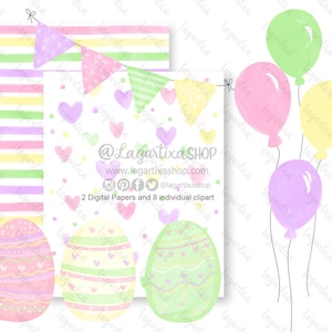 Images de Pâques aquarelle Sublimation Éléments individuels PNG Clipart triangle bannière ballons oeufs Papiers numériques Rayures Cœurs