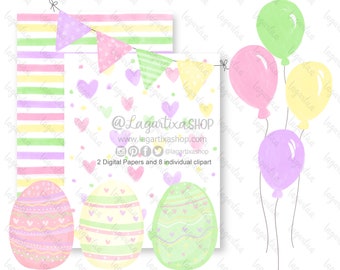 Easter Images watercolor Sublimation Individual Elements PNG Clipart triangle banner balloons eggs Digital Papers Stripes Hearts