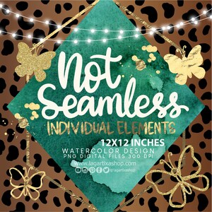 Op de afbeelding: Een digitaal ontwerp met een aquarel achtergrond met gouden vlinders en de tekst "not seamless individual elements 12x12 inches watercolor design PNG digital files 300 DPI www.lagartixashop.com @lagartixashop"