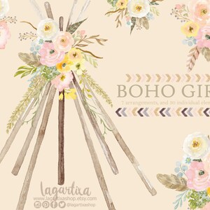 Teepee, Skull Bull Tipi and floral Watercolor Boho clipart, PNG, Let's go Glamping Birthday Party Theme, Sleepover, glam camping for girls image 2