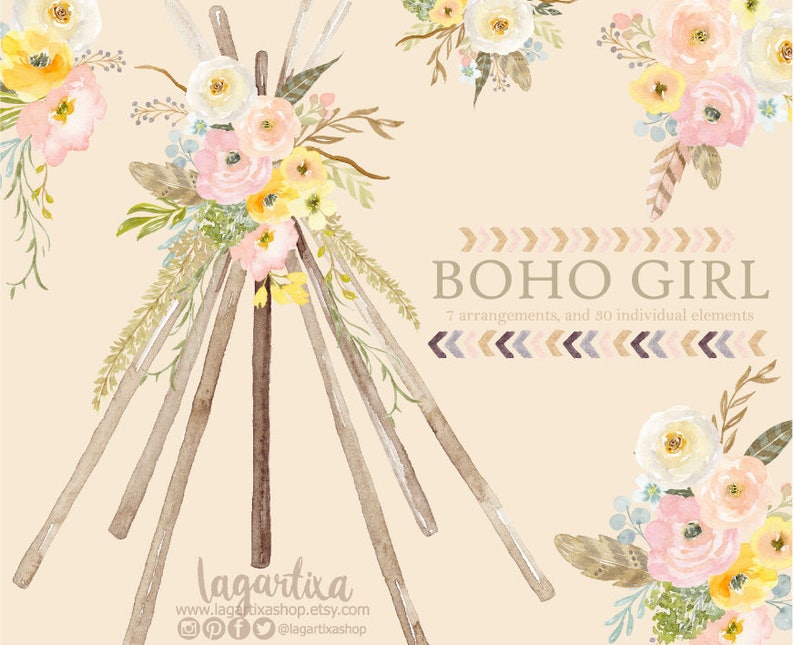 Teepee, Skull Bull Tipi and floral Watercolor Boho clipart, PNG, Let's go Glamping Birthday Party Theme, Sleepover, glam camping for girls image 2