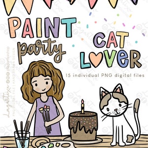 Kunst-Malparty | Katzenliebhaber | Kuchen | Bürsten | Aquarelle | PNG-Digitaldateien | sofortiger Download | PNG | einzelne Elemente | handgemalt