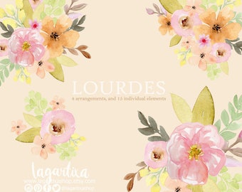 Watercolor Floral clipart, PNG, hand painted Pale vintage pink and peachy arrangement, border, frames, flowers, bridal shower, design logo,