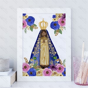 Virgen de Brazil Aparecida PRINT para Imprimir tamaño Carta 8.5 x 11 pulgadas Acuarela de Virgen con Flores para enmarcar decoracion cuarto