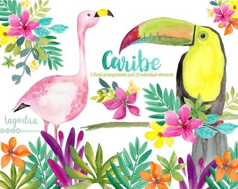 Tropical Leaves, toucan, flamingo, Palms, colorful Watercolor clipart, Floral PNG, hawaiian wedding, summer , flowers, beach birthday