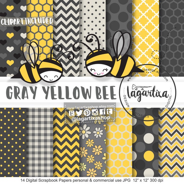 Bumble Bee Digital Paper clip art Yellow black white background honeycomb bee polka dots textures patterns chevron damask by Lagartixa