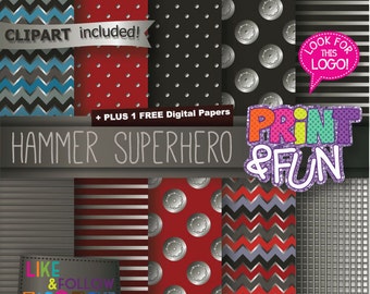 Digital Paper knight shield Silver Gray Red Patterns Backgrounds Scrapbooking Super Heroes Dots Stripes Metallic patterns Print and Fun Art