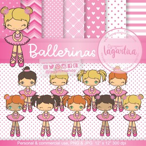 Niñas Bailarinas Ballet Clipart PNG y Papel Digital Rosa, corazones, chevron, rayas, tutu, zapatillas, para etiquetas, sublimación, fiestas