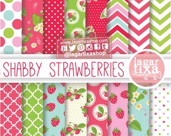 Shabby Strawberries Patterns Strawberry Digital Paper Backgrounds Red Pink Green Pale Teal English garden for invitations scrapbook album