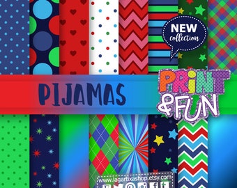 Superhero Pijamas Digital Paper, Pijama Party, Red, Blue, green, dots, Backgrounds, Patterns, chevron, party ideas Birthday Party Kids