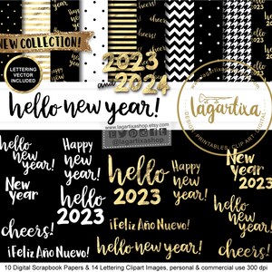 Feliz Año Nuevo Oro Negro y Dorado Fondos Invitaciones Blog para fiesta de fin de año Glitter Hoja Oro etiquetas tarjetas de regalo confetti