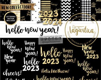 New Year's Eve 2023 2024 Gold Black Digital Paper  background for Invitations Elegant event chevron glitter gold foil bokeh labels gift tags