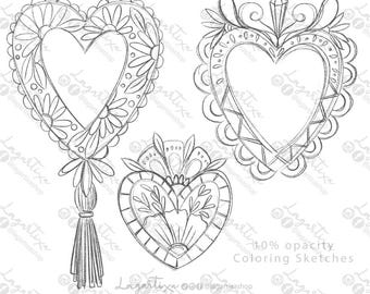 May include: Three hand-drawn heart-shaped coloring sketches. The hearts feature intricate floral and geometric designs, including a tassel. The text "10% opacity Coloring Sketches" is visible. The image is a PDF digital file with a hand-drawn design.