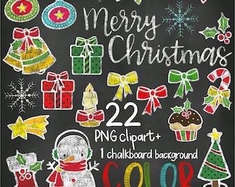 Christmas Chalkboard Color Chalk Clipart Snowman Boot Star Christmas Tree Gifts Snow Flakes Candy Cane Bells Merry Christmas PNG gifts cards