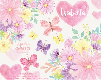 Pale Pink Real Hearts and butterflies Watercolor Floral clipart, PNG, purple, yellow, pastel color, flowers, hand painted, cinco de mayo