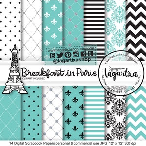 Papel Digital Fondos Paris Turquesa Negro Blanco Francia Torre Eiffel Corazones Encaje Flor de Liz Invitaciones Blog Tarjeteria scrapbooking