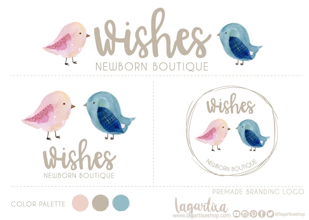 Logo para negocio de ropa de bebés, niños, pajaritos en acuarela