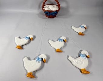 VTG Goose Ceramic Hanging Mobile Wind Chime White Blue Farmhouse Cottagecore