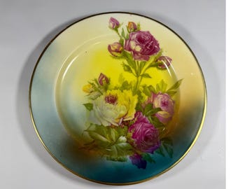 VTG Bavaria Hand Painted Floral Plate Porcelain 9.75" Multicolor Roses Gold Trim