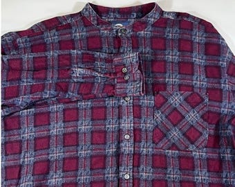 Camicia di flanella vintage Saugatuck da uomo, taglia L, a quadri, bordeaux e grigio, con colletto alla coreana, stile grunge anni '90.