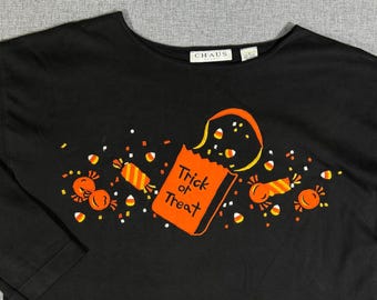 VTG Chaus Sport Embroidered Halloween Shirt Women M Black Trick or Treat Spooky