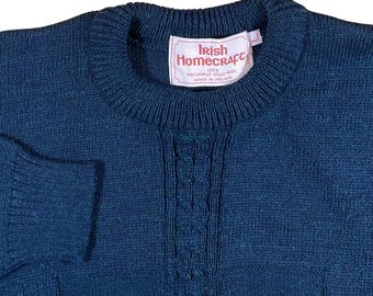 VTG Irish Homecraft Boiled Wool Sweater Mens L Navy Blue Cable knit Fisherman