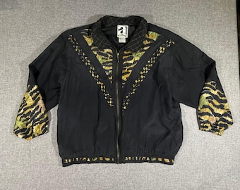 VTG Activology Silk Bomber Jacket Womens Large Black Tiger Print 80s 90s Retro