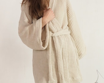 Waffle Linen Robe, Unisex Belted Kimono Spa Sauna Bathrobe - TOBOL