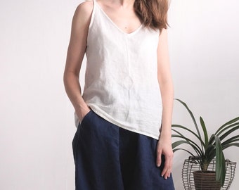 Loose linen crop top with pleated details made-to-order shoulder straps swing top