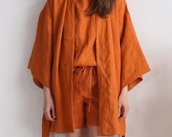 100% Stone Washed Linen Loungewear Set: Robe, Top, Shorts