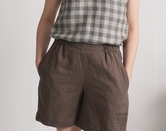 Pantalones cortos de lino de talle alto con bolsillos, pantalones de playa de verano para mujer - NELSON