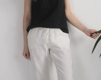 Washed Linen Trousers, Women's Drawstring Pants, Soft Natural Fabric - VOLGA