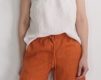 Washed Linen Shorts with Pockets and Ties, Summer Beach Style - RHINE