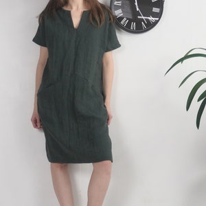 On SALE Ready to Ship, Xs, S, L, XL sizes. Linen midi dress. Washed linen dress. Soft linen V-neck dress. Washed linen dress-INDUS image 1