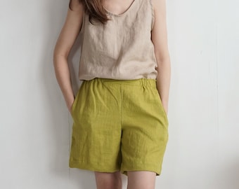 Pantalones cortos de lino de talle alto con bolsillos, pantalones de playa de verano para mujer - NELSON
