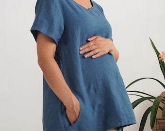 Linen Maternity Top with Pockets, Short Sleeve Flowy Blouse-YALONG