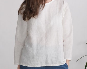 Softened European Linen Long-Sleeve Blouse – Crew Neck, Casual Wear - HAIHE